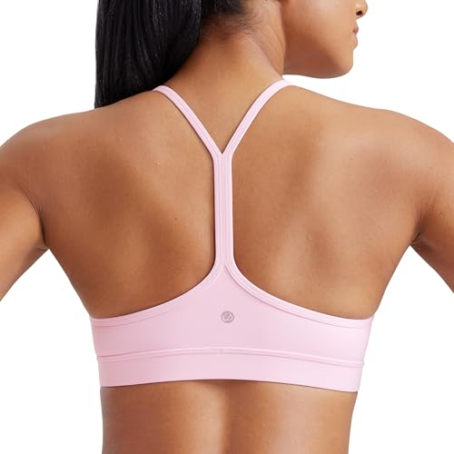 CRZ YOGA Butterluxe Womens Y Back Sports Bra - Padded Racerback Low Impact Spaghetti Thin Strap Workout Yoga Top Pink Peony Small