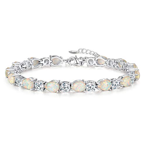 CiNily Opal Tennis Bracelet Pink Cubic Zirconia October Birthstone Bracelets for Women 14K White Gold Plated Oval Fire Opal Jewelry