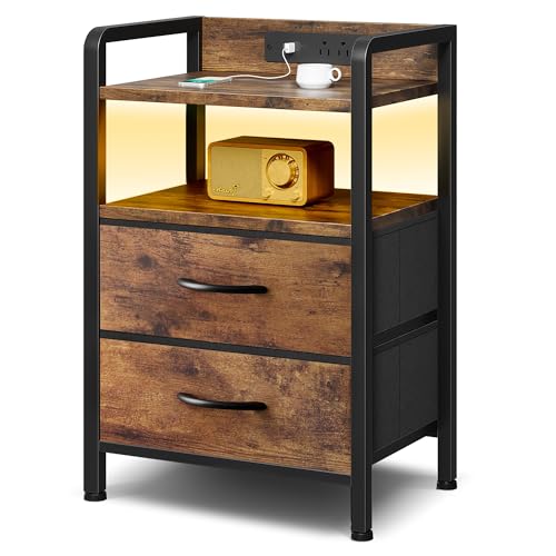 Lazzanto Night Stand Bedside Table Bedroom - Nightstand with Charging Station, Night Stand with LED Light Strip, End Table with U-S-B Ports & AC Outlets, Storage Shelf & 2 Fabric Drawers, Rustic Brown