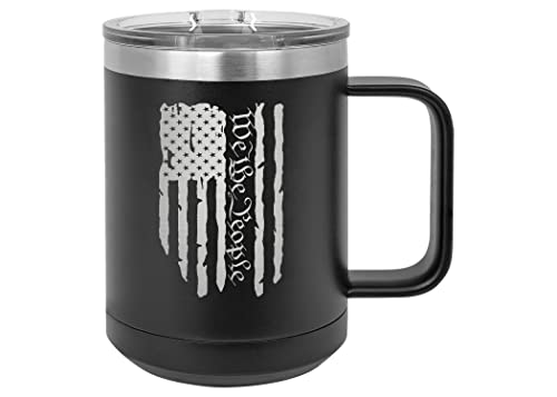 Rogue River Tactical USA Tattered American Flag We The People Constitution Heavy Duty Stainless Steel Black Coffee Mug Tumbler With Lid Novelty Cup Great Gift Idea