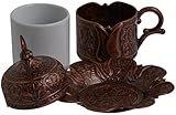 DEMMEX Turkish Greek Arabic Coffee Espresso Cup with Inner Porcelain, Metal Holder, Saucer and Lid, Turkish Chic Fildzan Fincan, 4 Pieces (Antique Brown)