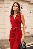 GRACE KARIN Sleeveless Lapel V Neck Belted Dress Solid Bodycon Work Office Dresses for Women Red 14