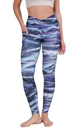 ODODOS Women's Cross Waist Full Length Yoga Leggings with Pockets, Inseam 28" Gathered Crossover Workout Yoga Pants, Graphic Purple, Small