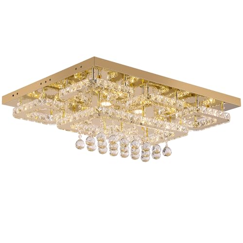 KINGTORO Gold 32" Crystal Chandelier Ceiling Light Fixture with Remote, Rectangular Flush Mount Ceiling Lamp,K9 Crystal,Modern LED Raindrop Chandelier for Dining Room Living Room Bedroom