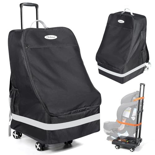 Orzbow Car Seat Travel Bag & Cart for Airplane, Folding Carseat Dolly with Universal Wheels and High Load-Bearing, Padded Gate Check Bag Fits Most Infant Car Seats & Carriers, Easy to Use, Black