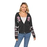 AK Zip Up Hoodies for Women Jacket Long Sleeve Sweatshirt Floral Embroidered Hoodie Mexican Casual Tops Fall Outfits Winter Coat Black