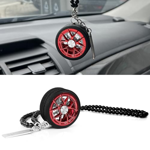 TSTESE Car Wheel Hub Shape Ornament Rearview Mirror Hanging Pendant Decor Automotive Rear View Swinging Decoration Interior Unique Ornaments Zinc Alloy Charms Accessories (Red)