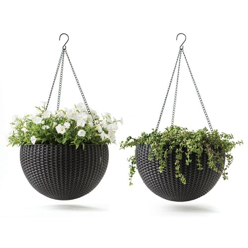 Keter Resin Rattan Set of 2 Round Hanging Planter Baskets for Indoor and Outdoor Plants-Perfect for Porches and Patio Decor, Graphite