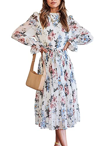 ANRABESS Women's Floral Midi Dress Puff Long Sleeve Casual Ruffle Chiffon A-Line Swing Pleated Belted Tea Party Dresses Floral White Medium