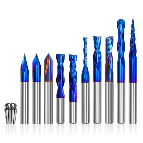 10PCS CNC Router Bits Set 1/4 inch Shank, Carbide Multiple Uses Router Bit for Woodworking Detail Carving Trimming V Groove Engraving Slotting Mortise, Bonus 1/4" ER11 High Precision Collet