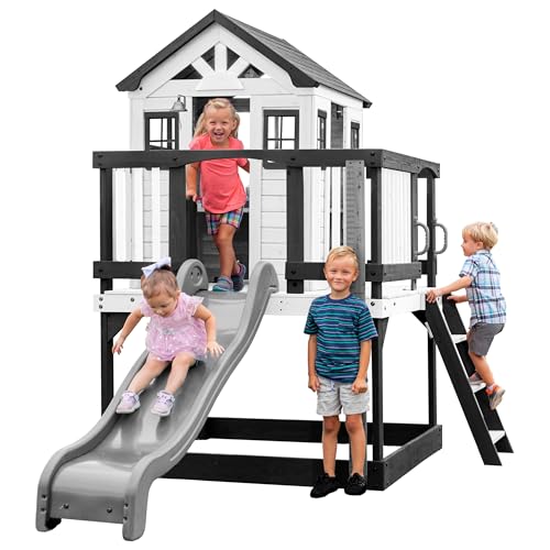 Backyard Discovery Sweetwater Heights White Elevated Cedar Wooden Kids Playhouse with Wave Slide, Play Kitchen, Step Ladder, Half Door, Wrap-Around Deck, Windows, Bell, Growth Chart for Outdoor Play