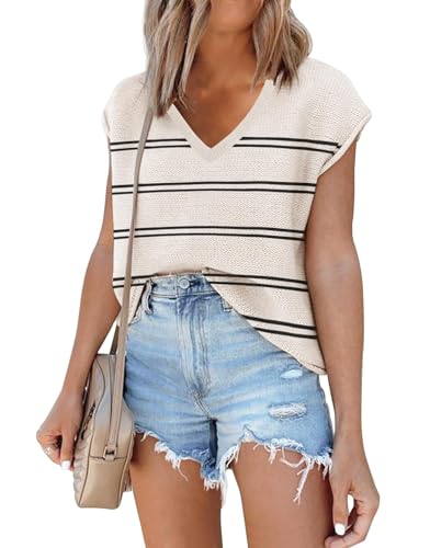 Womens Knit Tank Tops Summer Casual Cap Sleeve V Neck Lightweight Knitted Striped Sweater Pullover Top