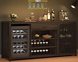 LVB Long Bar Cabinet with Fridge Space, Farmhouse Big Liquor Cabinet with Drawer Storage, Rustic Wood Metal Large Wine Cabinet with Rack, Modern Sideboard Buffet for Kitchen Dining Room, Gray, 70 Inch