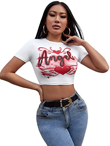 SOLY HUX Women's Graphic Tees Y2k Crop Top Short Sleeve T Shirt Tee Summer Tops White S