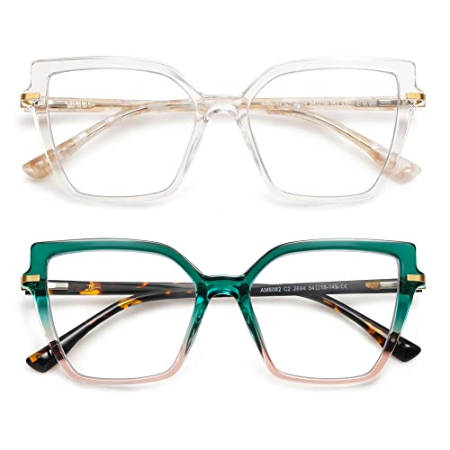 AMOMOMA 2PACK Trendy Square Blue Light Blocking Reading Glasses for Women Women's Readers Spring Hinge AM6082 C1+C2 1.0 x