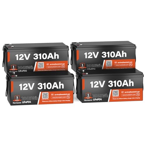 12V 310Ah LiFePO4 Battery Max. 3968Wh Energy, EV A+ Cells, 100A BMS Deep Cycles Lithium Battery with Low-Temp Protection, Ideal for RVs, Trolling Motor, Solar Energy Storage, Off Grid, 4 Pack