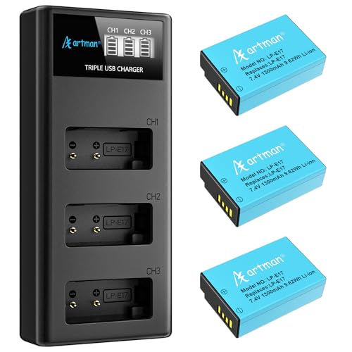 Artman LP-E17 Battery 3-Pack 1300mAh and 3-Slot LCD Charger for Canon EOS R50 R8 R10 RP R100, Rebel T8i T7i T6i T6s SL2 SL3, EOS M3 M5 M6, EOS 77D 200D 250D 750D 760D 800D 8000D Digital Camera