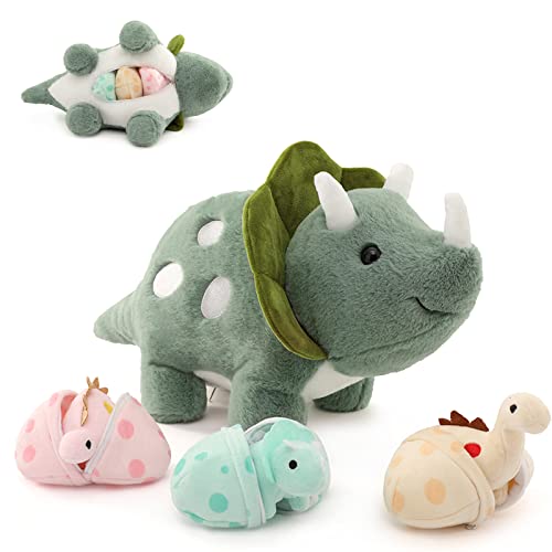 Karister Plush Dinosaur Stuffed Animals,Plush Toy for Girls and Boys,A Mommy Dinosaur with 3 Baby Dinosaurs,Triceratops, Stegosaurus and Diplodocus Gifts for Kids,Small Dino Plushies,17.6 Inch,Green