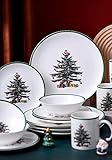 16 Piece Christmas Dishes Dinnerware Sets, Christmas Tree Dinnerware Set with Green Edge, Christmas Porcelain Dinnerware Set for Christmas (4×10.5 Inch Plates, 4×8 Inch Plates, 4×Bowls, 4×Mugs)