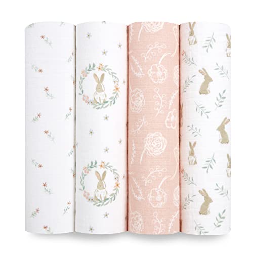 aden + anais Essentials Muslin Swaddle Blankets for Baby Girls and Boys, Newborn Receiving Blanket for Swaddling, 100% Cotton Baby Swaddle Wrap, 4 Pack, Blushing Bunnies