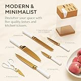 CHROME CLUB White and Gold Knife Set with Block - 7 Piece Gold Kitchen Knife Set with Sharpener - Vibrant White Knife Set with Kitchen Scissors and Wooden Block