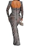 WOKANSE Women Sexy Long Sleeve Rhinestone Wrap Backless Mesh Sheer Bodycon Club Maxi Dress Black XXL