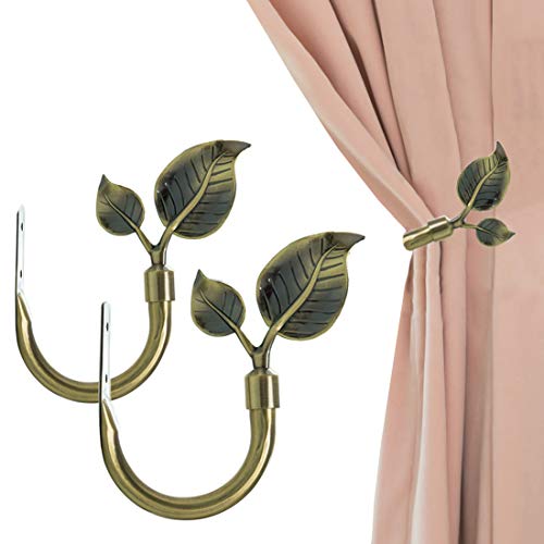 Leaf Shaped Curtain Holdbacks 2pcs, Handmade Metal Curtain Side Holders for Wall, Antique Brass Curtain Tieback Hook Pull Backs for Drapes Window Home Decoration (Antique Brass)