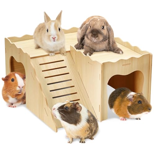 BNOSDM Upgraded Wooden Guinea Pig Hideout with Stair & Loft 2 Tier Detachable Cavy Castle 2 Door Small Animal House Habitat Dwarf Rabbit Climbing Toy Accessories for Cage