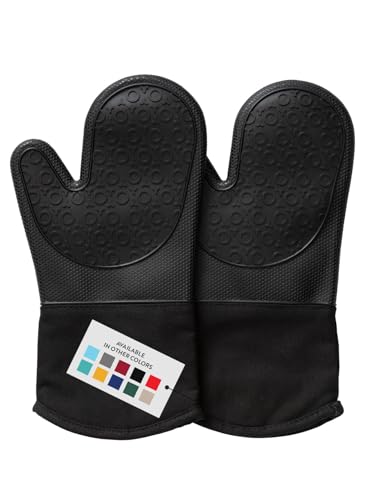 BPA-Free Silicone Oven Mitts Ultra Heat Resistant up to 500°F - Oven Mitts with Thick Cotton Liner - Long Slip Resistant Pot Holders, Flexible Oven Gloves - Black 13.7