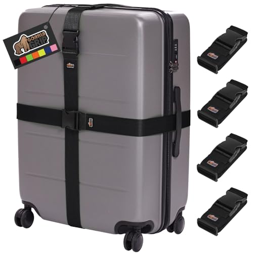 GORILLA GRIP Heavy Duty 4 Pack Adjustable Luggage Straps for Suitcases, Easy to Identify Travel Belt Connector Holds Suitcase Together, Extends Life of Bag, Strap Connects Two Bags, Accessories, Black