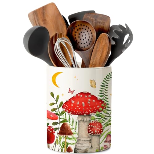 pinata Mushroom Kitchen Decor Ceramic Utensil Holder, Cute Mushroom Utensils Holder for Farmhouse Indoor Kitchen Decorations Rustic Farmhouse Decor (6.5 inch)
