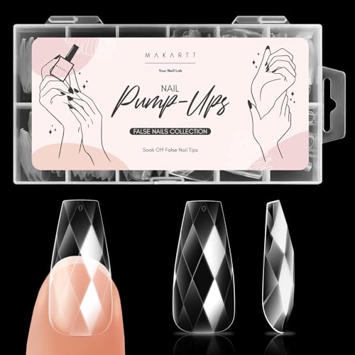 Makartt Medium Coffin Soft Gel Nail Tips, 120pcs 3D Diamond-Shaped Fake Nails Extension, 12 Sizes Full Cover Clear Press-On Tip, Natural Rhombus Lattice, Suit for Chrome Nail Powder