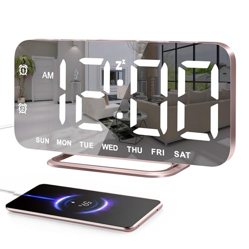 Slim LED Digital Alarm Clock, Mirror Surface for Makeup, with Diming, Large Display, Easy Setting, USB Ports, Modern Decor for Bedroom, Desk, Christmas, Birthday Idea Gift for Women, Sister, Mom, Pink