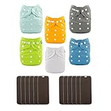 ALVABABY 6 Pack Baby Cloth Diapers with 12 pcs 5-Layer Rayon Charcoal Bamboo Inserts and 2pcs Wet Dry Bags