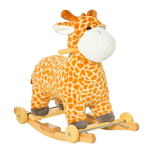 Qaba Rocking Horse, 2 in 1 Kids Ride on Horse, Rolling Giraffe Animal Rocker with Sound, Wooden Base, Pedal, Grip Handle, Plush Riding Pony for 3-6 Years Old, Yellow