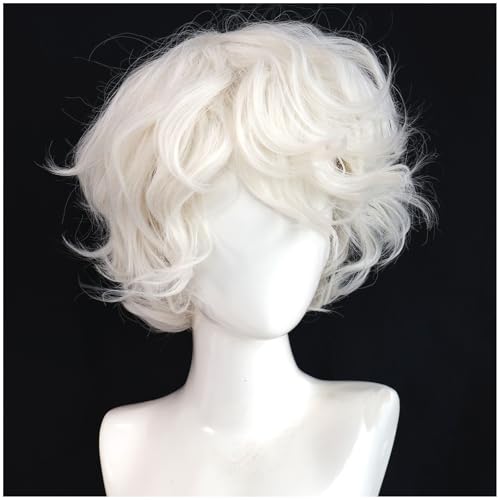 HUNIGIR Mens White Curly Wig Short Fluffy Male Cream White Wig Heat Resistant Synthetic Hair for Halloween Cosplay Anime Party