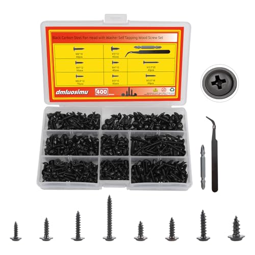 dmluosimu 400pcs Black Carbon Steel Self Tapping Screws Assortment Kit - M3 M3.5 M4 M5 Pan Head Screws with Washers, Hex Keys & Tweezers for Wood Metal Plastic DIY Projects