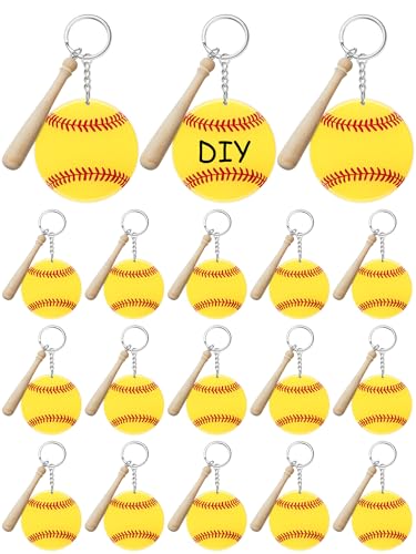 Taiyin 18 Set Large Size Baseball Softball Acrylic Keychain Bulk for Sublimation Vinyl Sticker DIY Softball Bag Tag(Yellow,Softball)