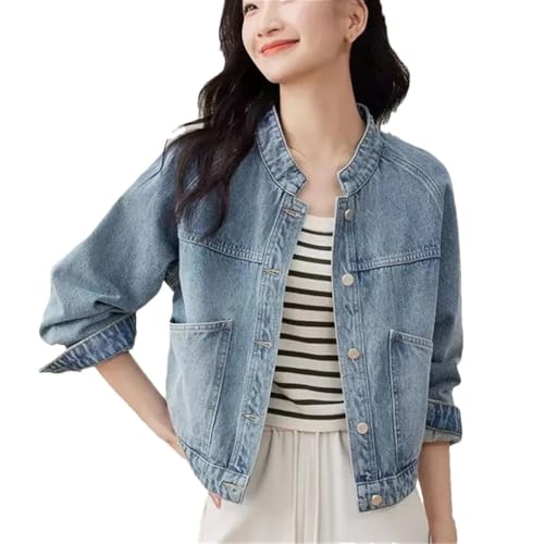 Women Stand-Up Collar Long Sleeved Denim Coat Female Short Washing Cowboy Jacket Blue L