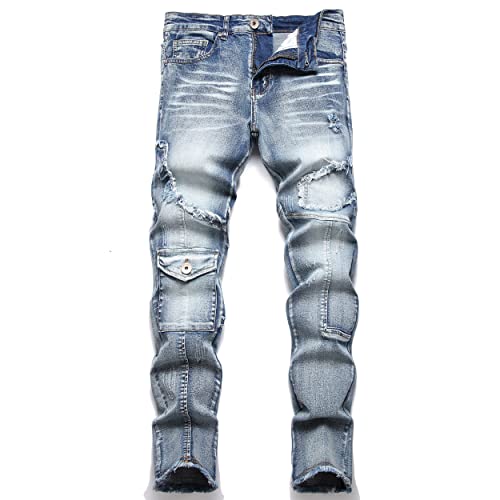 XIMXIMMTIAN Biker Jeans for Men,Slim Fit Stretch Distressed Denim Pants (30, 2128 Blue)