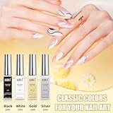 Gel Liner Art Polish Set 10ml, 4 Colors Black White Gold Silver Design Paint with Thin Brush in Bottle for Swirl/ Euphoria French Tips Manicure Painting DIY at Home