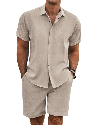 COOFANDY Men's Shirt and Short Sets Cruise Outfits for Men, khaki, X-Large