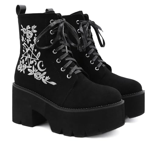 rui yue Womens Platform Boots Round Toe Chunky Ankle Boots Punk Boots Lace Up&Zipper Combat Boots