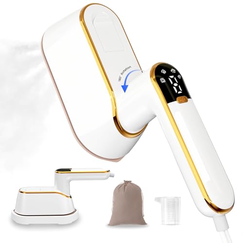 Travel Steamer, 1300W Portable Steamer for Clothes, Quick Heat Plancha a Vapor Para Ropa, 180° Rotating Handle & Ceramic Panel, 2-IN-1 Mini Iron With LCD for Home & Travel Use