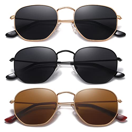 MEETSUN Polarized Hexagon Sunglasses for Women Men Polygon Square Sun Glasses UV400 Protection Metal Frame 3Pack Gold Gray+Black Gray+Gold Brown