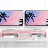 TEAMIX Pink Dual Monitor Stand Riser with Drawer - Length and Angle Adjustable Double Corner Desk Shelf Organizer 37 inch for 2 Laptop/PC/Screen/TV (1 Drawer - 4.5''H)