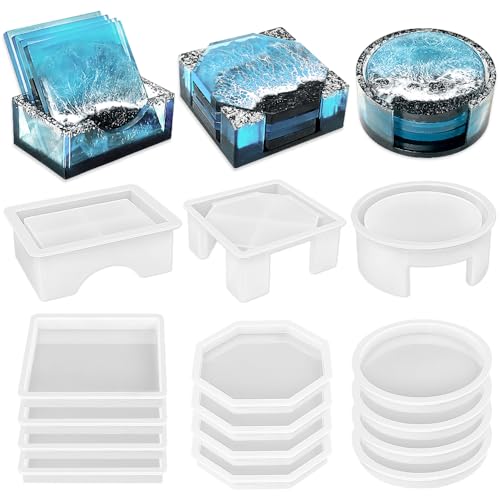 RESINWORLD Set of 3 Thick Square Octagon Round Coaster Molds with Matching Holder Mold, Shiny Coaster Silicone Molds for Resin Casting