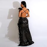 Sexy Feather Sequin Prom Dresse for Women Mermaid High Split Formal Party Evening Gowns Black L