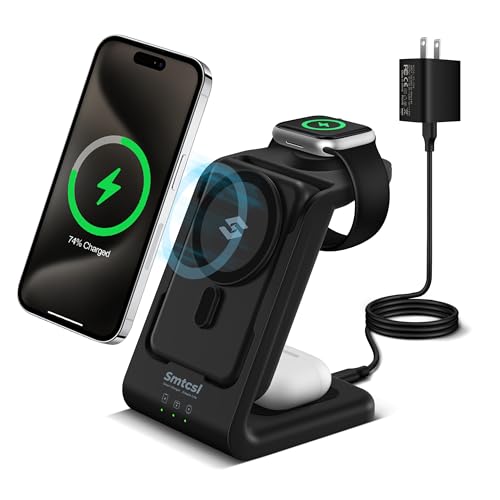 Smtcsl 3 in 1 Wireless Charging Station: 10000mAh Mag-Safe Removable Charger Stand for iPhone/Apple Watch/Airpods - Portable Magnetic Power Bank for 16 15 14 13 12 Series with 20W PD Adapter Black