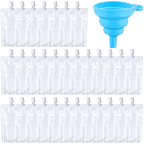 Patelai 250 Pieces Plastic Liquid Pouch Reusable Juice Pouches Travel Water Leak Proof Bags Bulk with Collapsible Silicone Funnel for Travel Outdoor (16 oz)